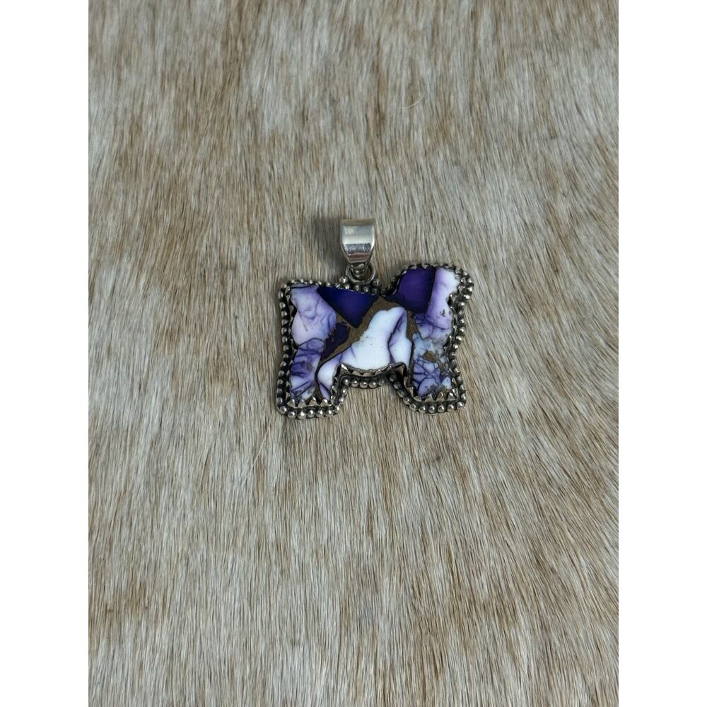 Native American SW Sterling Silver & Purple Dahlia Turquoise Sheep Cow Pendant - Picture 8 of 9